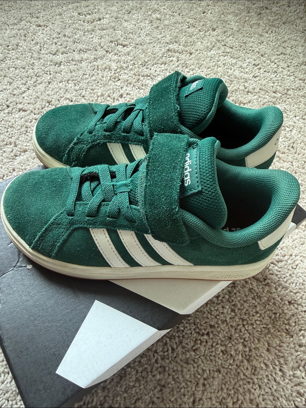 adidas Kids Dark Green Suede Sneakers with White Stripes